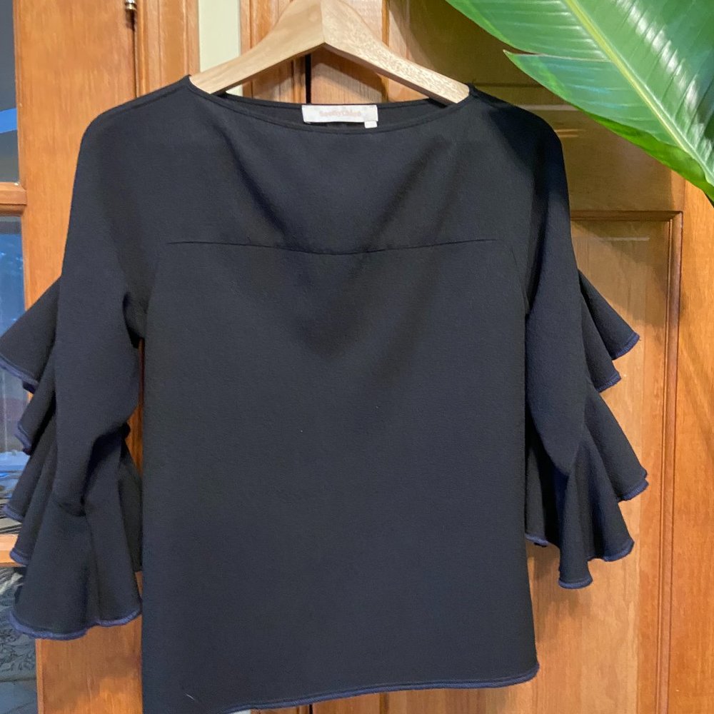 See by Chloe black ruffled 3/4 sleeve crepe-like boat neck blouse, size 4-EU 34